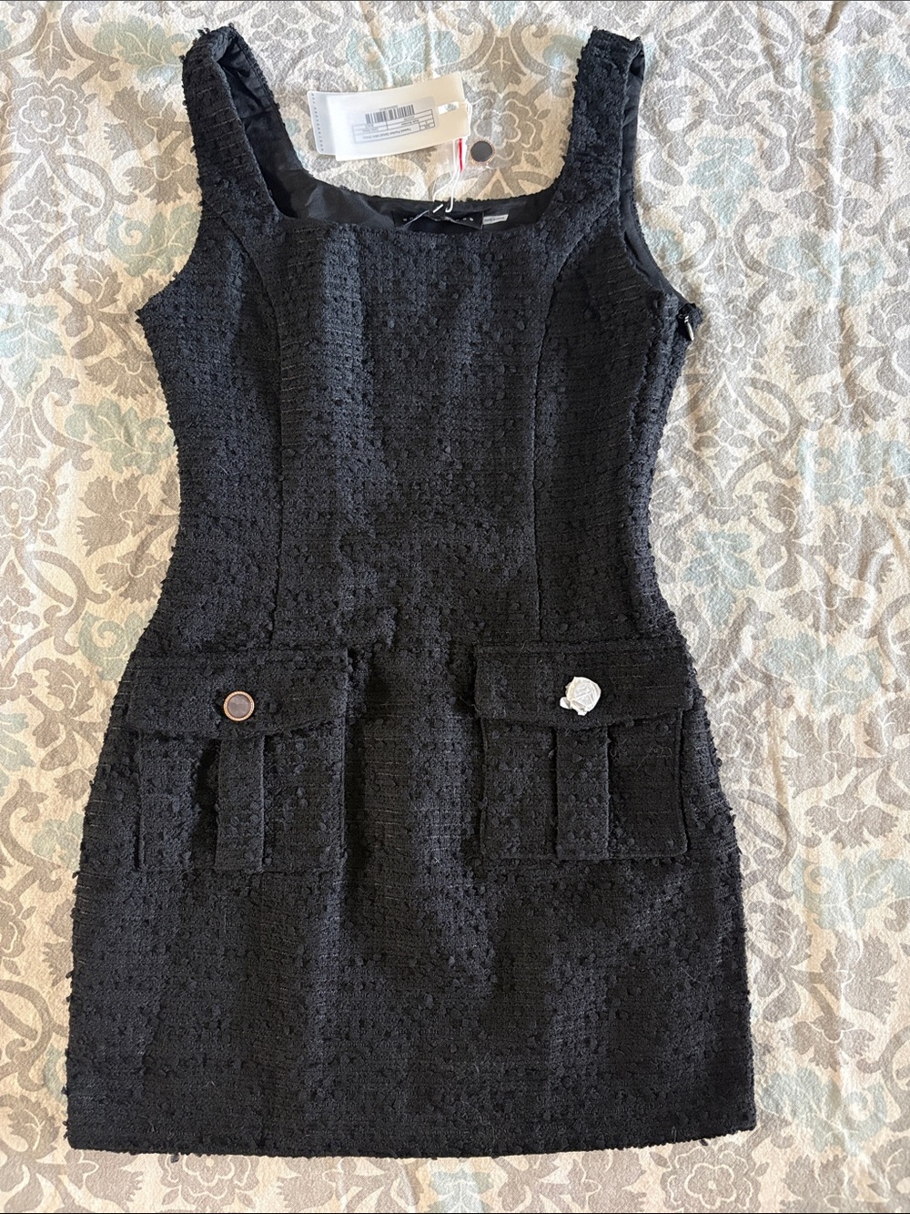 Endless Rose Black Tweed Square-Neck Pocket Mini Dress